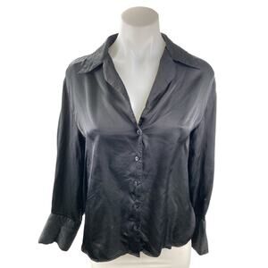Gap Women's Black Silk Satin Long Sleeve V Neck Button Down Shirt Top Size S